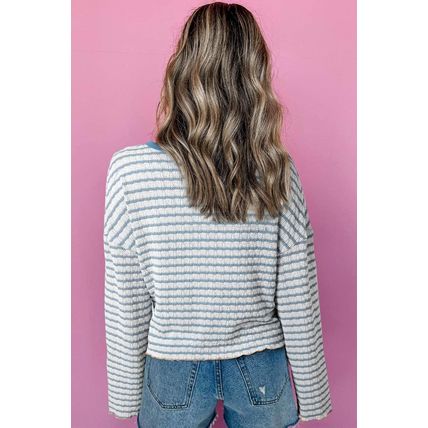 Sky Blue Stripe Textured Frilly Trim Buttons Henley Long Sleeve Top
