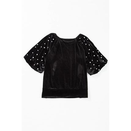 Black Pearl Beaded Half Sleeve Velvet Top
