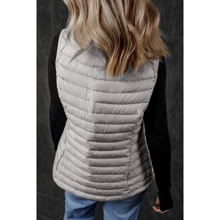 Silvery Plush Collared Quilted Zipped Puffer Vest