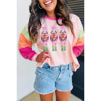 Pink Christmas Sequin Nutcracker Graphic Colorblock Long Sleeve Top