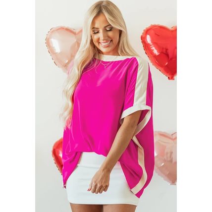 Rose Red Oversized Color Block Boat Neck Tunic Blouse
