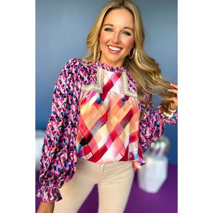 Rose Red Abstract Geometric Pattern Patchwork Puff Sleeve Blouse