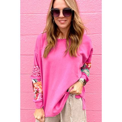 Sachet Pink Mixed Print Patch Drop Shoulder Pullover Top
