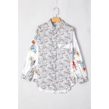 Purple Boho Floral Bishop Sleeve Button Up Loose Shirt