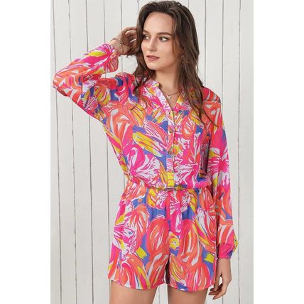 Multicolor Bold Graffiti Print Shirt Button Romper