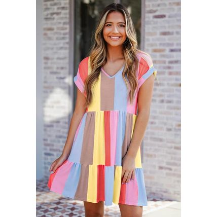 Red Multicolor Striped Color Block Tiered Mini Dress