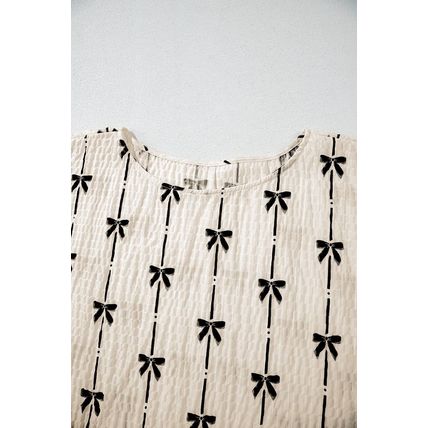 Beige Bow Print Puff Short Sleeve Top