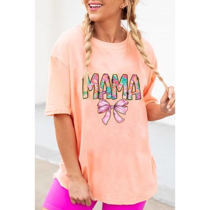 Pink Floral MAMA Bowknot Print Crewneck T Shirt