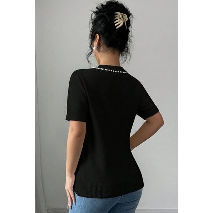 Black Pearl Bow Necklace Embellished Short Sleeve Knitted T Shirt