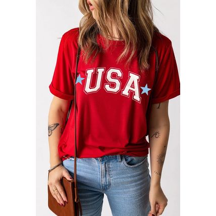 Red Star USA Print Crewneck Patriotic T Shirt