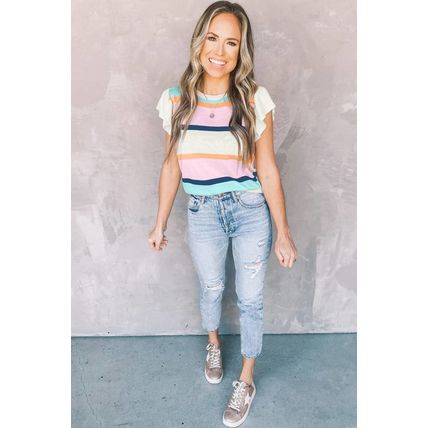 Multicolour Striped Color Block Flutter Sleeve Patchwork Sweater Top