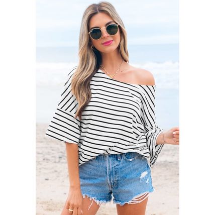 Black Stripe Half Sleeve Scoop Neck Loose Top