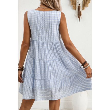 Light Blue Plaid Tiered A-line Sleeveless Mini Sundress