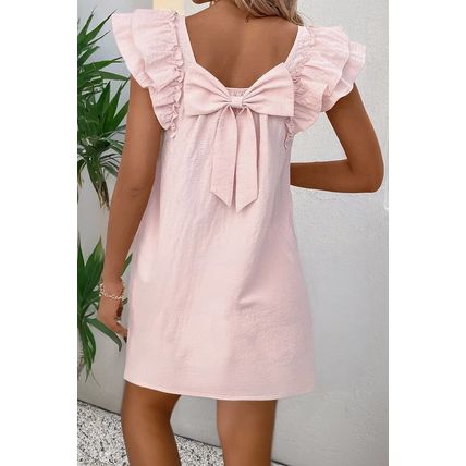 Light Pink Textured Flutter Sleeve Square Neck Bow Back Mini Dress