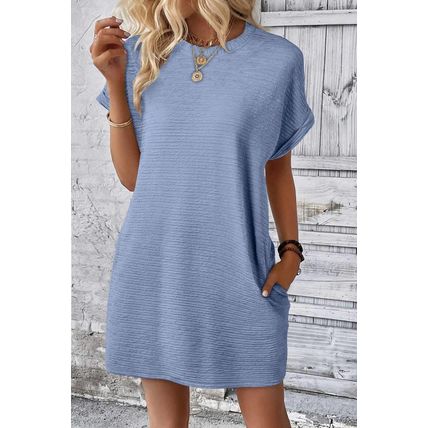 Myosotis Solid Color Textured Crinkle Short Sleeve T Shirt Dress