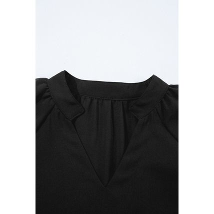 Black Bow Decor Puff Sleeve Split Neck Blouse
