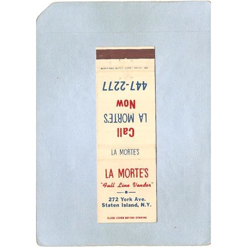 New York Staten Island Matchcover La Morte's Full Line Vendor 272 York Ave~69