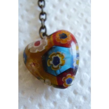 Vintage Necklace Millefiori Murano Glass Small Heart Pendant Chain Push-in Clasp