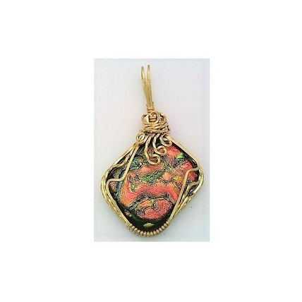 Orange Green Dichroic Glass Brass Wire Wrap Pendant 4