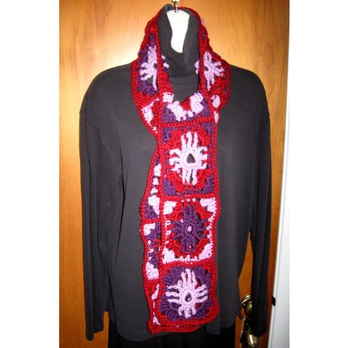 Handmade Crochet Washable Acrylic Scarf in red, lavender & violet, 68"