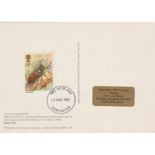 PHQ card First Day Cover 1985 Insects 31p Dorchester pm rear franked