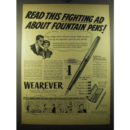 1950 Wearever Pennant Pen Ad - Read this fighting ad about fountain pens