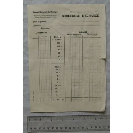 1947 unused Banque Nationale de Belgique Bordereau d'Echange