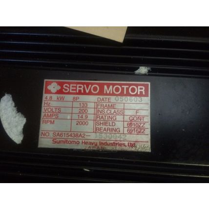 SUMITOMO SA615438A2 1530043 SERVO MOTOR,4.8 KW,8P,200 VOLTS,RPM: 2000,AO