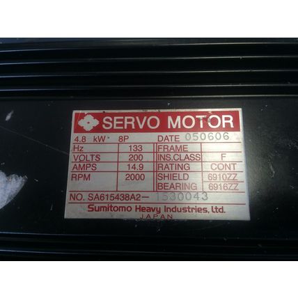 SUMITOMO SA615438A2 1530043 SERVO MOTOR,4.8 KW,8P,200 VOLTS,RPM: 2000,AO