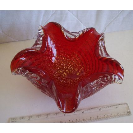 Vintage Barovier & Tosco Zebrati Ruby Red Bullicante Glass Bowl Gold Fleck Italy