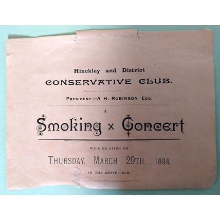 Hinckley and District Conservative Club Smoking and Concert ad March 29th 1894