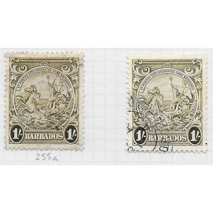 BARBADOS 1938 KG6 1/- OLIVE GREEN / BROWN SHADES SG255 255a SG USED SEAHORSES