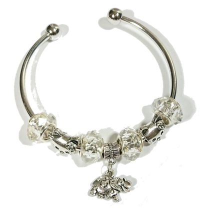 Silver Bracelet Bangle - Dolphin Owl Cat Charm Black Orange Green Blue Beads