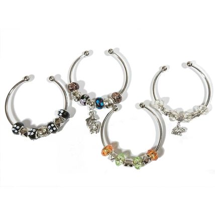 Silver Bracelet Bangle - Dolphin Owl Cat Charm Black Orange Green Blue Beads