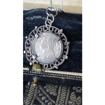 Antique Vintage Victorian 1897 Silver Queen Victoria Coin Pendant on Modern 18 i