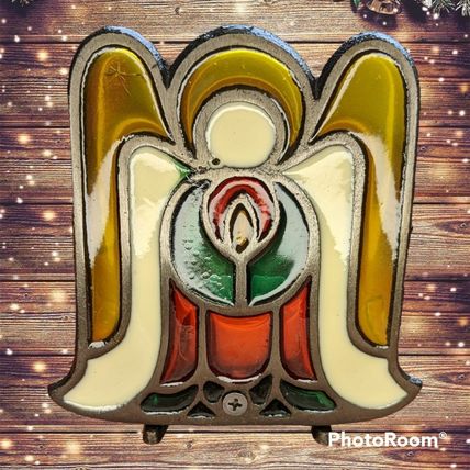 Vintage Iron Stained Glass Christmas Candle Holder Angel