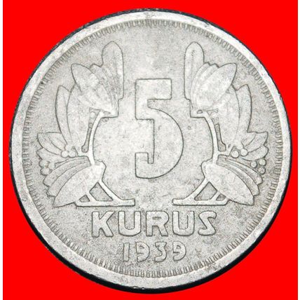 Ⰶ ERROR CRESCENT AND STAR 1935-1943: TURKEY★5 KURUSHES 1939★LOW START★NO RESERVE