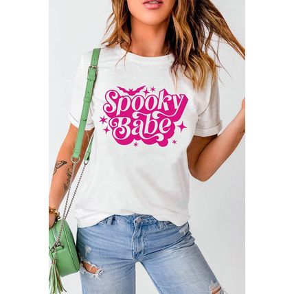 White Spooky Babe Bat Print Halloween Crewneck T Shirt
