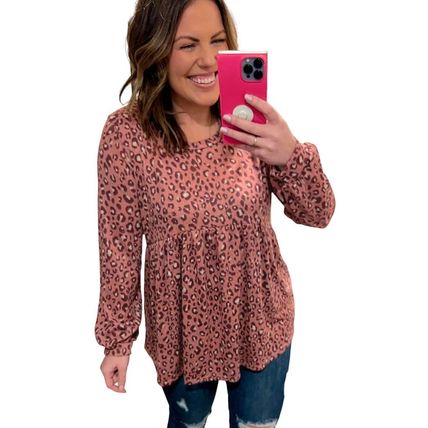 Leopard Print Long Sleeve Ruffled Babydoll Plus Size Blouse