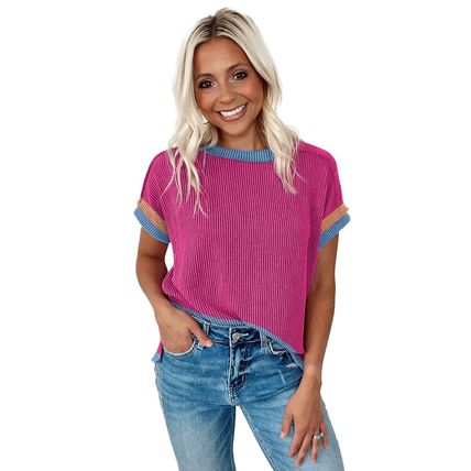 Bright Pink Textured Contrast Trim Round Neck T Shirt