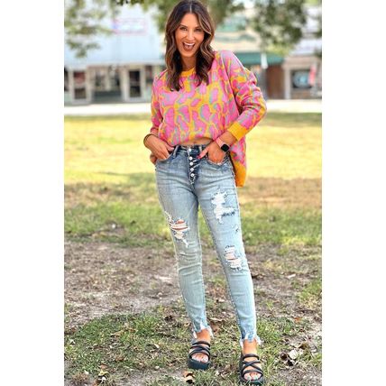 Vitality Orange Abstract Print Ribbed Trim Baggy Sweater