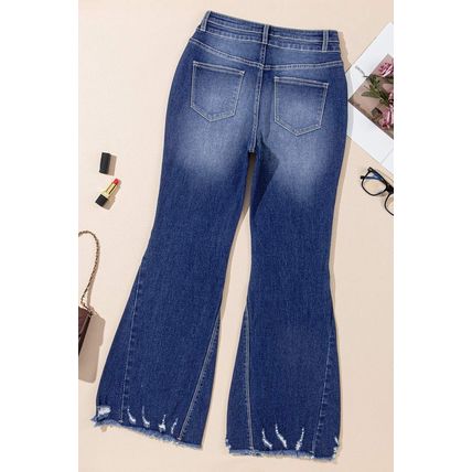Sail Blue High Rise Dual Button Distressed Raw Hem Flared Jeans