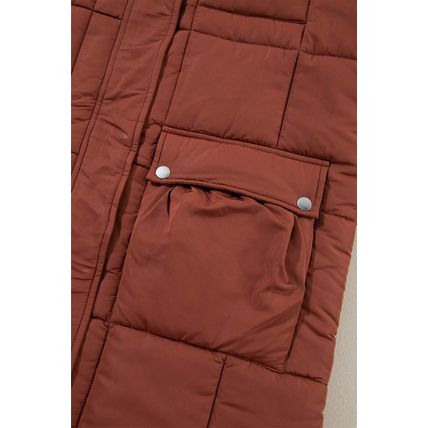 Coffee Quilted Puffer Stand Neck Zipped Mid-length Coat