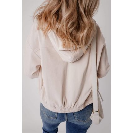 White Corduroy Drawstring Hooded Pocket Zip Up Jacket
