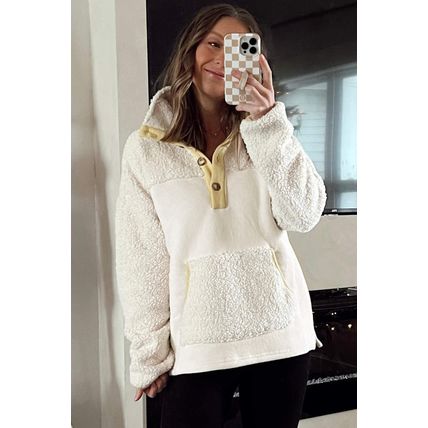 Beige Fleece Colorblock Trim Buttons Collar Sweatshirt with Pocket