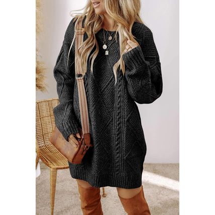Black Cable Knit Drop Shoulder Loose Fit Sweater Dress