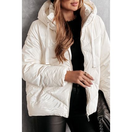 White Solid Quilted Hooded Zip Up Puffer Coat