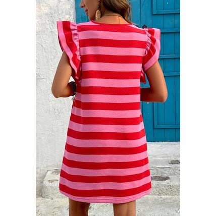 Red Stripe Flutter Sleeve Round Neck Shift Dress