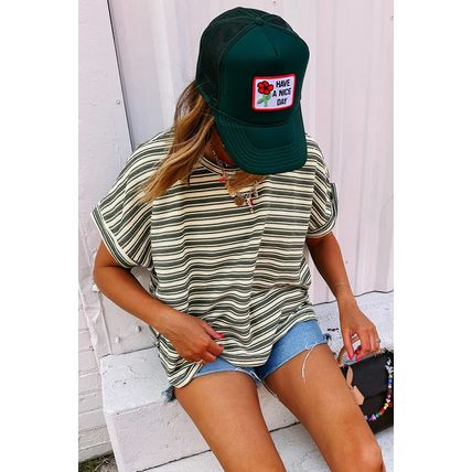 Green Stripe Textured Side Slits Crew Neck T Shirt