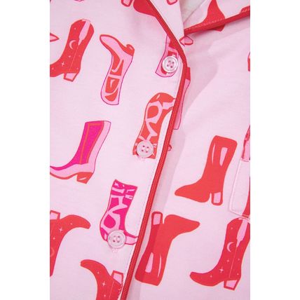 Pink Western Cowgirl Boots Printed Shirt Ruffled Shorts Pajama Set